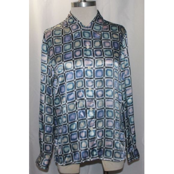 Lee David Collection Blue Satin Geometric Print Button Up Blouse Size S - Picture 2 of 5